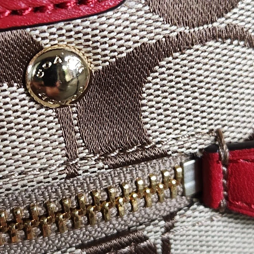 Like New Coach Signature Khaki & Red Leather Trim Shoulder Bag Tote Purse